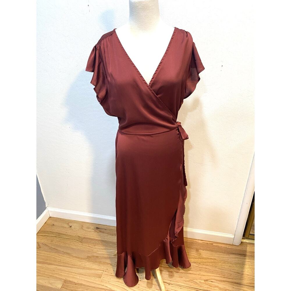 Romantic Rust Faux Wrap Maxi Dress Flutter Sleeve Ruffle Hem V-Neck Wedding L